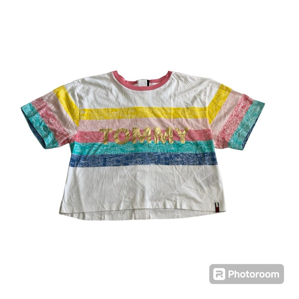 Tommy Hilfiger Shirt Womens L Large Short Sleeve Spell Out Casual T Shirt